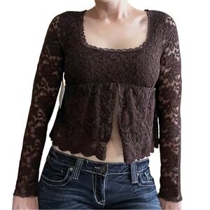 NWT✨ | La Peche | Brown Lace Long Sleeve Cropped Open Front Babydoll Top